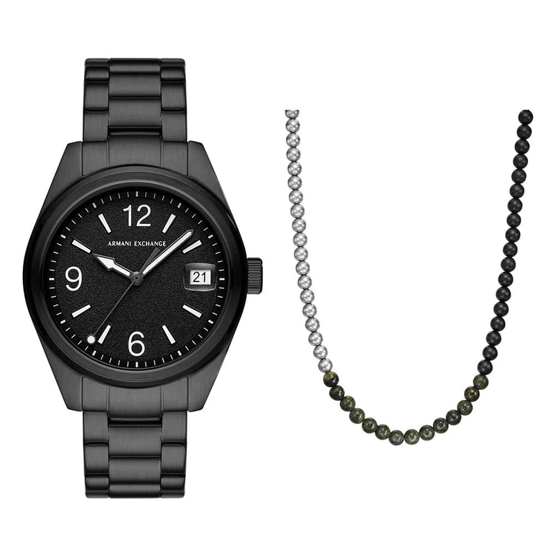 Armani Exchange Men's Black Stainless Steel Watch and Silver-Tone Necklace, Set