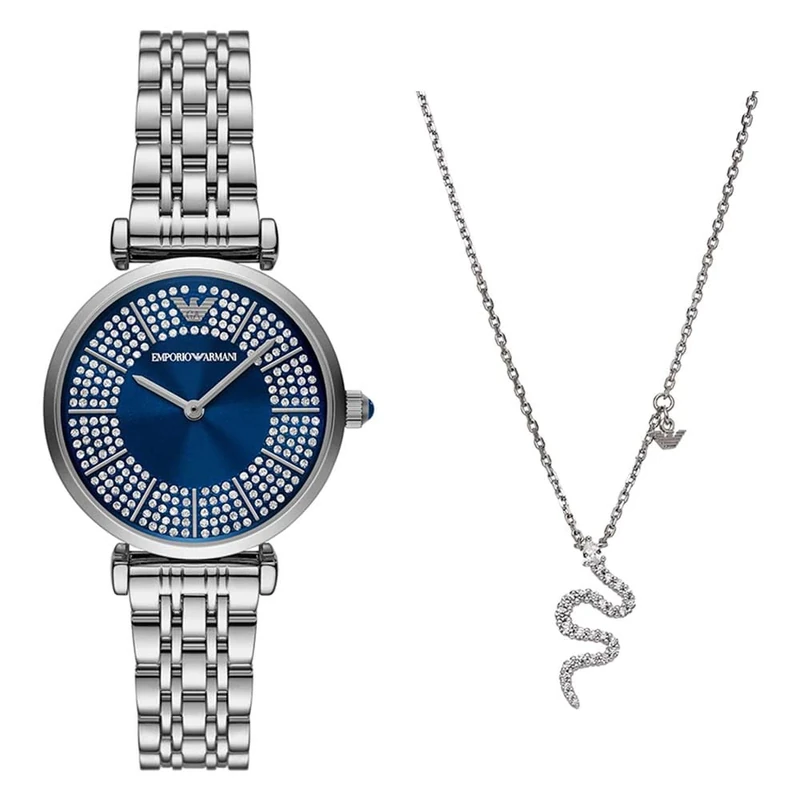 Emporio Armani Women's Silver-Tone Stainless Steel Watch and Sterling Silver Necklace, Set