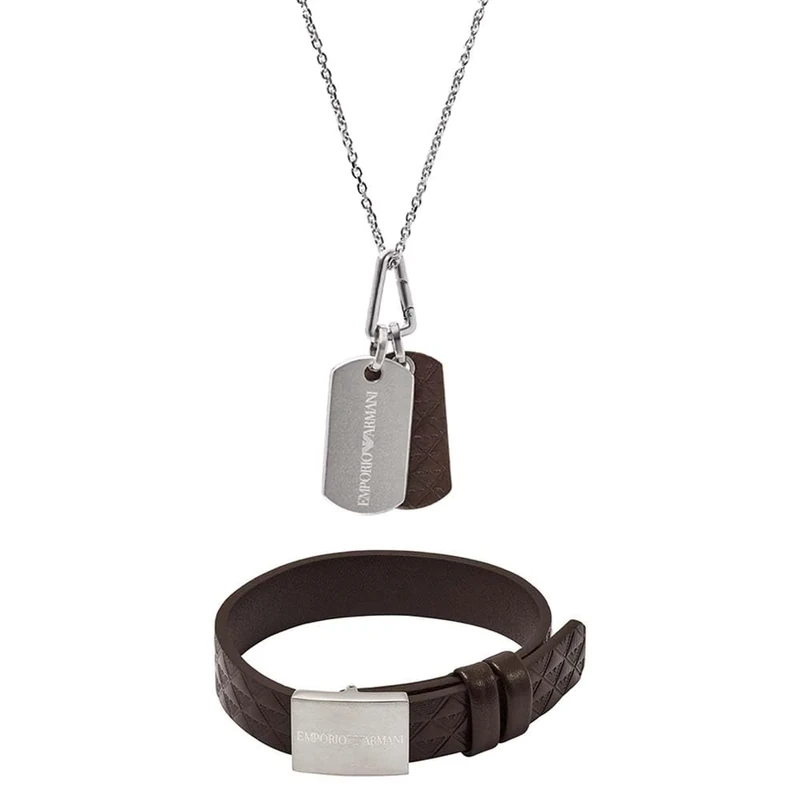 Emporio Armani Men's Silver-tone Stainless Steel Necklace and Leather Bracelet, Set
