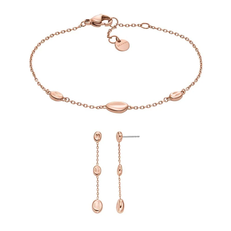 Skagen Women's Anja Pebbles Rose Gold-Tone Stainless Steel Bracelet and Earrings, Set