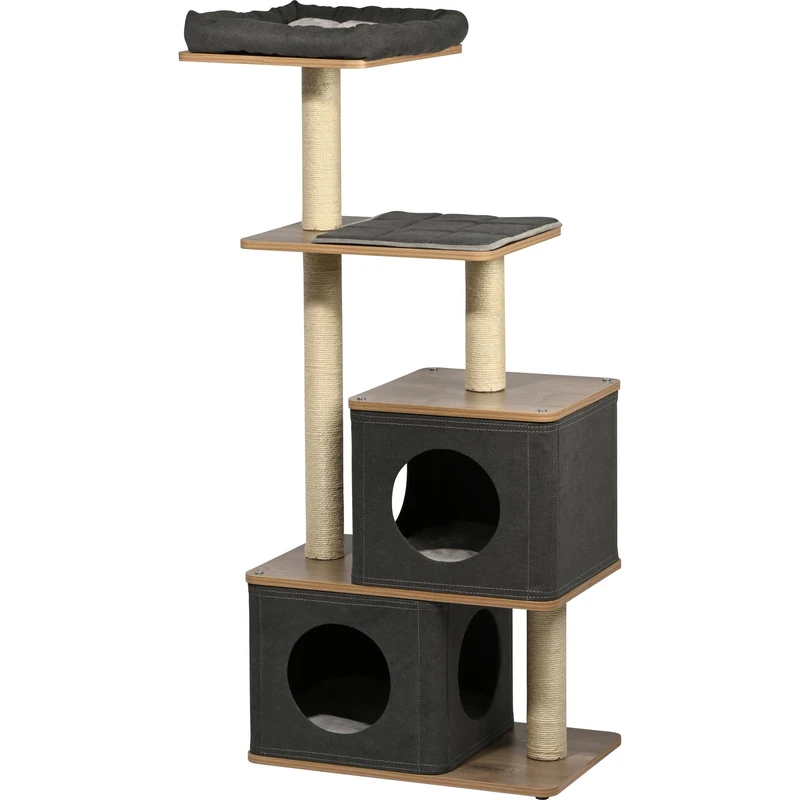 dobar® Hannah Wooden Scratching Post with Sisal Scratching Posts and Anthracite Cover - Cat Furniture with Cuddly Cave - 58 x 38 x 133 cm