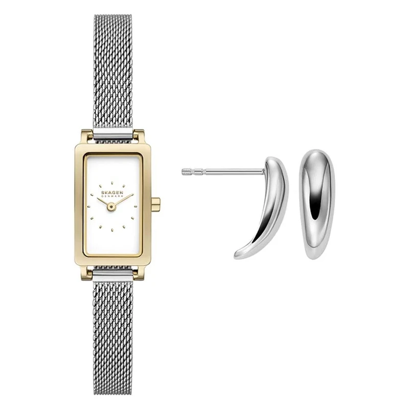 Skagen Women's Hagen Micro Silver-Tone Stainless Steel Watch and Anja Pebbles Earrings, Set