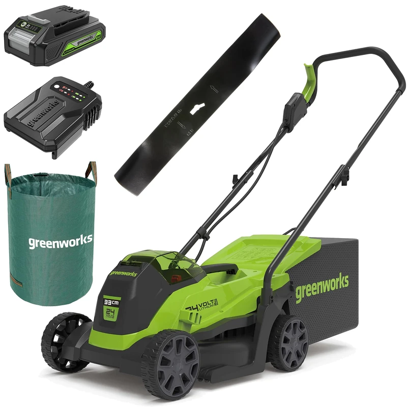 Greenworks 24V Cordless Lawnmower, 33cm Cutting Width with 2Ah Battery & Charger-GD24LM33K2 + Greenworks Original 33cm replacement blade + Greenworks Tools 120 L garden waste bag Green, AMP-120CB