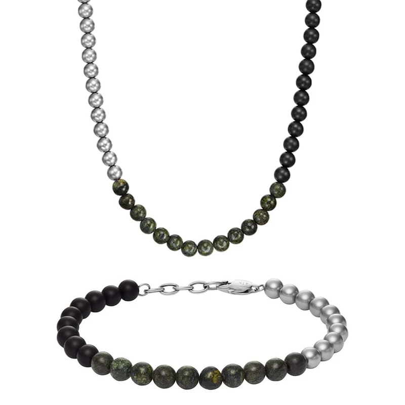 Armani Exchange Men's Silver-Tone Stainless Steel Necklace and Bracelet, Set