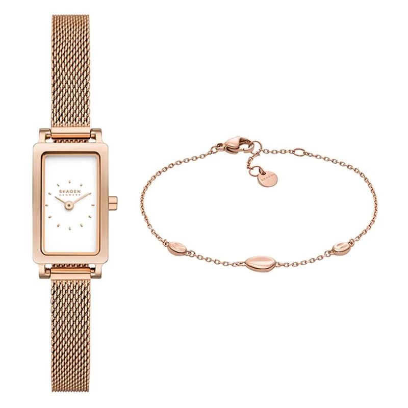 Skagen Women's Hagen Micro Rose Gold-Tone Stainless Steel Watch and Anja Pebbles Bracelet, Set