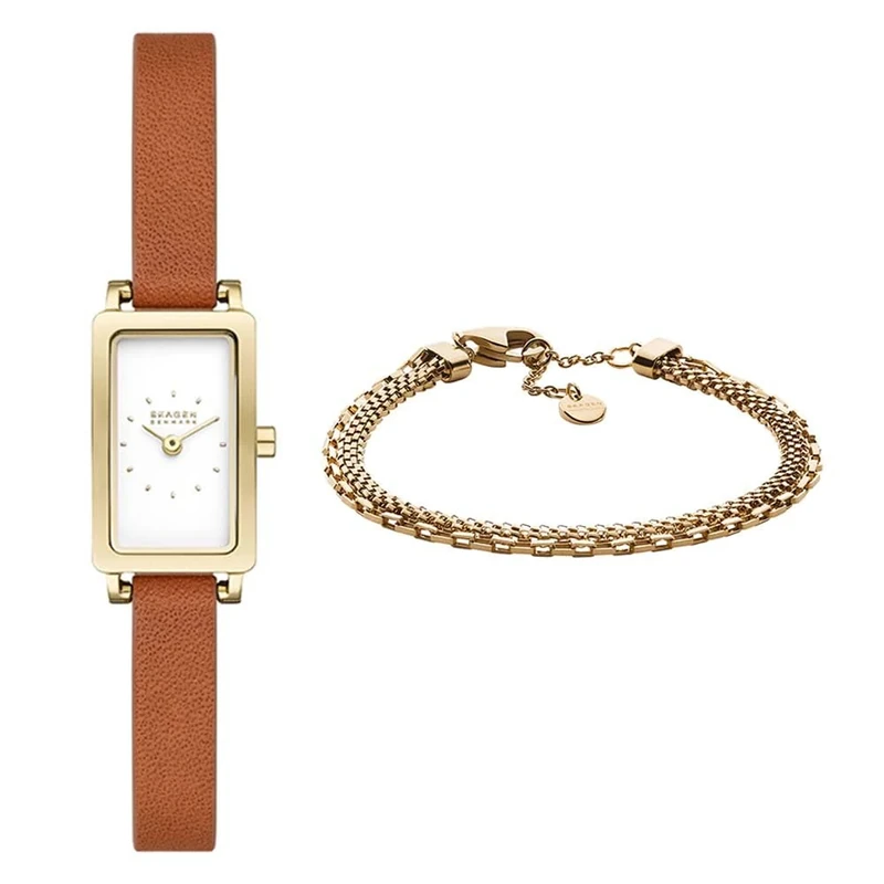 Skagen Women's Hagen Micro Brown Leather Watch and Merete Gold-Tone Stainless Steel Bracelet, Set