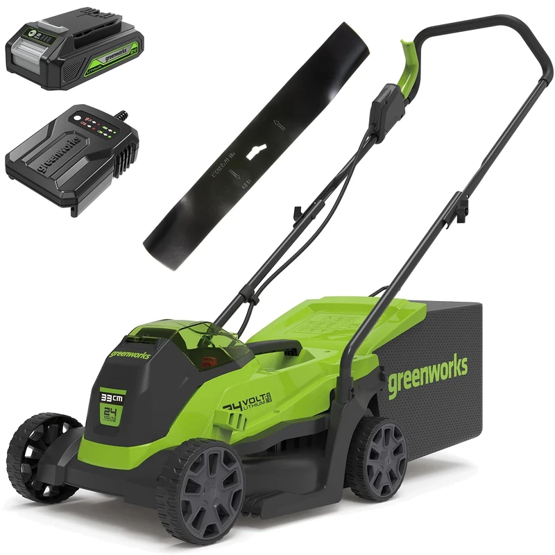 Greenworks 24V Cordless Lawnmower with Brushless Motor for Smaller Lawns up to 140m², 33cm Cutting Width with 2Ah Battery & Charger-GD24LM33K2 + Greenworks Original 33 cm replacement blade