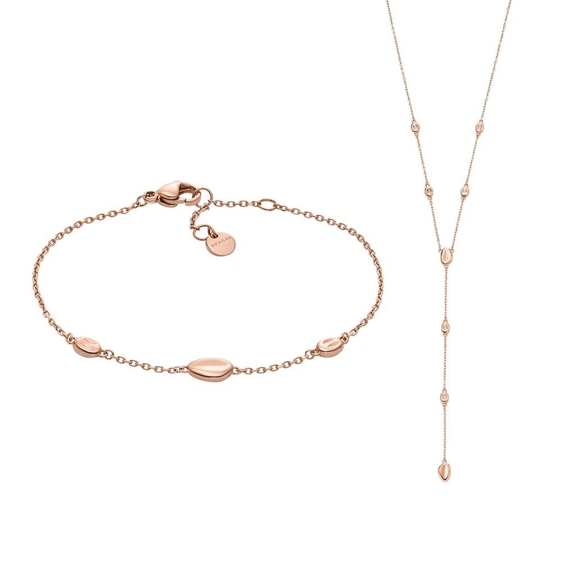 Skagen Women's Anja Pebbles Rose Gold-Tone Stainless Steel Necklace and Bracelet, Set