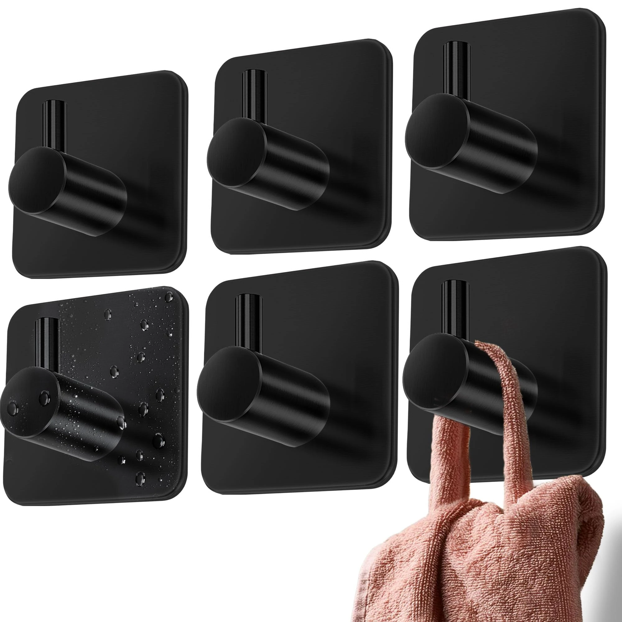 4smile Self Adhesive Hooks - 6 pcs Strong Black Sticky Hooks for Hanging Towels - Stick on for Heavy Duty Waterproof, Bathroom Towel Rail, Tea Towel Holder