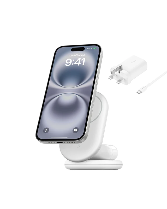 Belkin BoostCharge 2-in-1 Magnetic Foldable Qi2 Charger 15W, MagSafe Compatible Wireless Charger, Fast Charging for iPhone 17, Air, 16, 15, Charging Station with Non-Slip Base, PSU Included - White