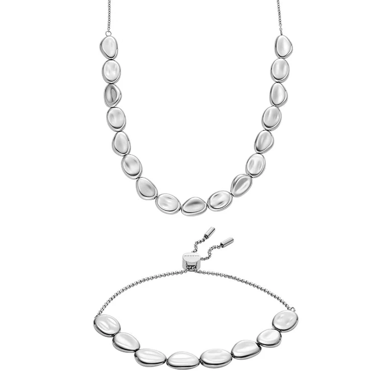 Skagen Women's Anja Pebbles Silver-Tone Stainless Steel Necklace and Bracelet, Set