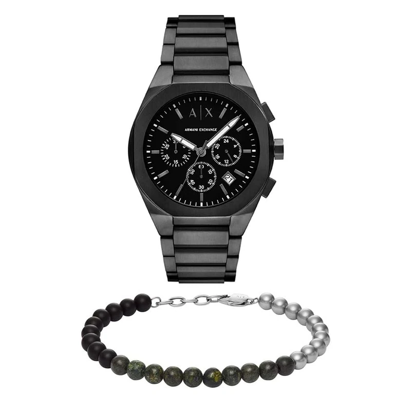 Armani Exchange Men's Black Stainless Steel Watch and Silver-Tone Bracelet, Set
