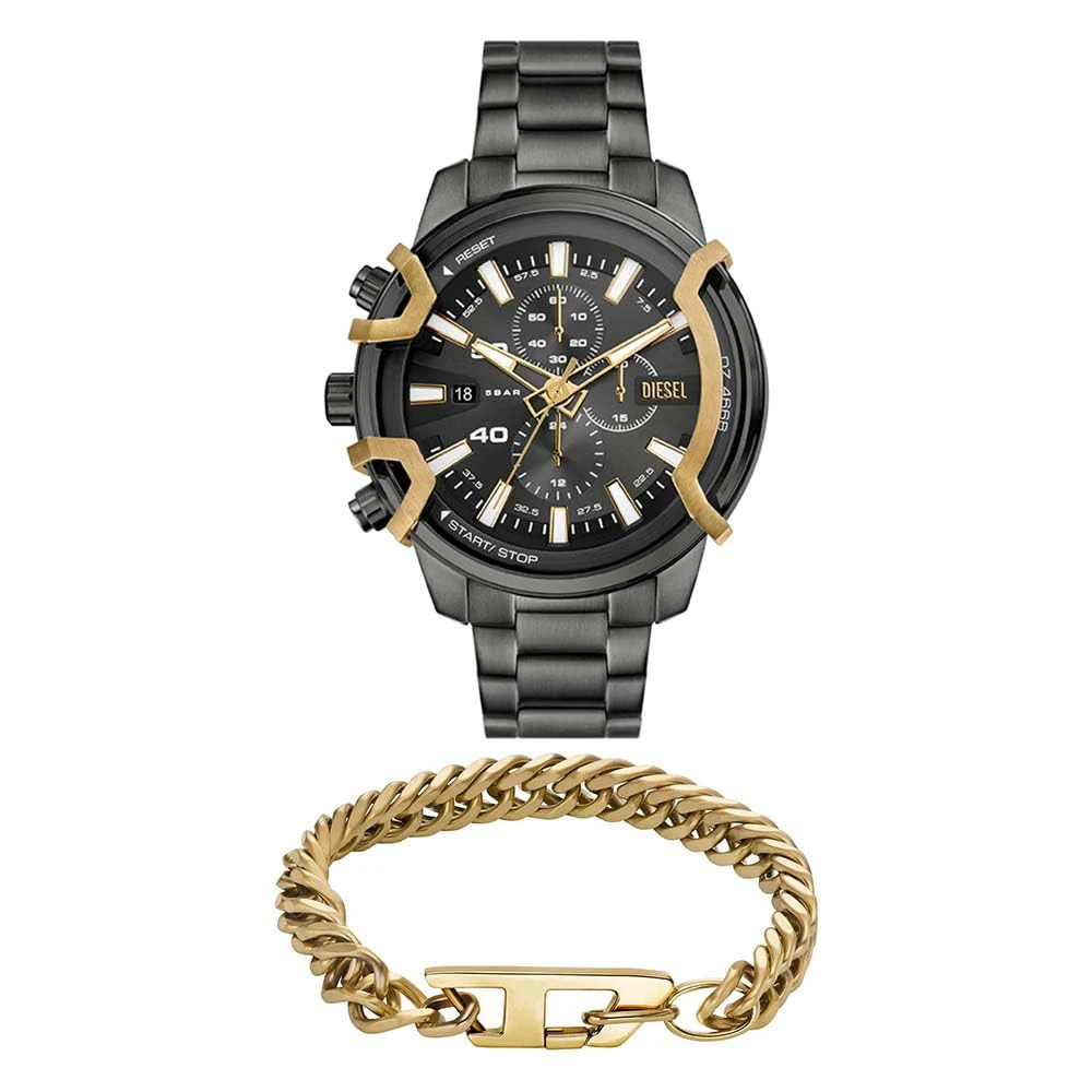 Diesel Men's Stainless Steel Griffed Grey Watch and Gold-Toned Bracelet, Set