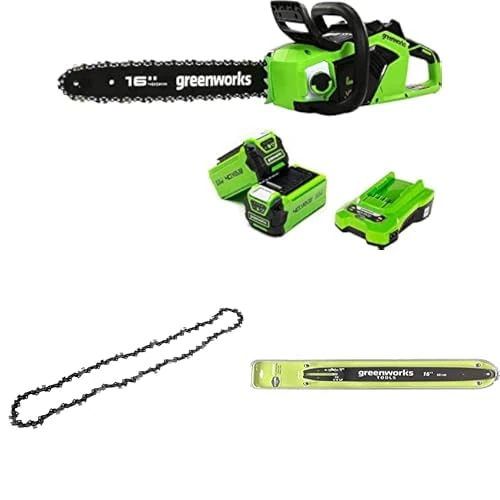 Greenworks Cordless Chainsaw with Brushless Motor, 40cm Bar Length, Two of 40V 2Ah Batteries & Charger + Greenworks 40cm Replacement Chain +Greenworks 40cm Replacement Bar