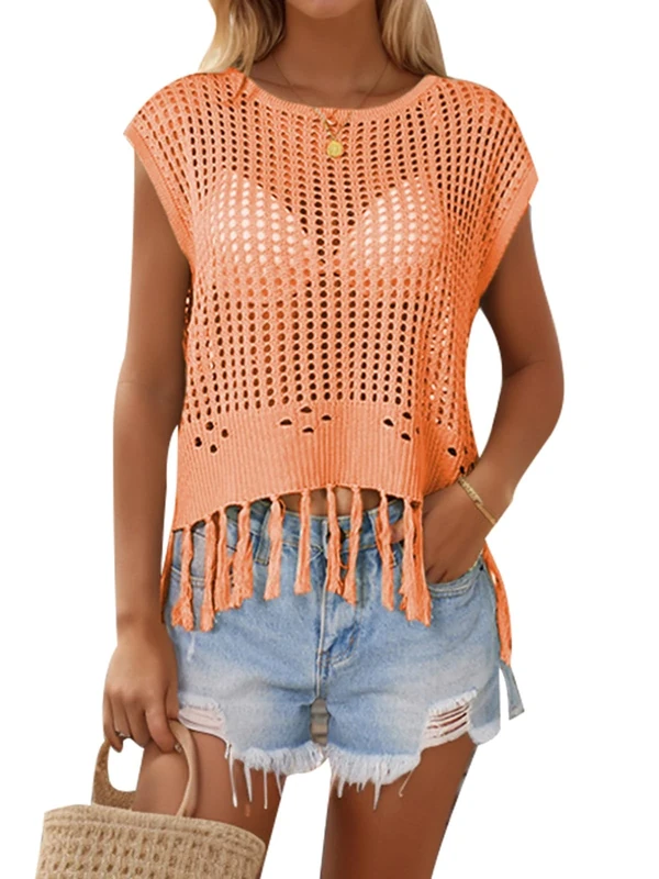 MINTLIMIT Women's Crochet Cover Up Top Summer Hollow Out Knit Beach Coverups Short Sleeve Pullover Swimsuit Tassel Top 2024