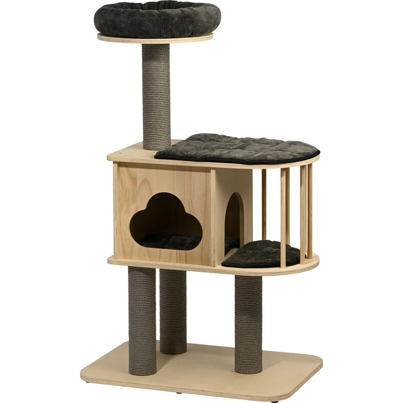 dobar® Mila Large Wooden Cat Scratching Post with Removable Anthracite Covers - Sturdy Cat Tree with Cuddly Cave - 68 x 48 x 116 cm