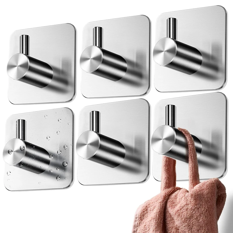 4smile Self Adhesive Hooks - 6 pcs Strong Sticky Hooks for Hanging Towels, Bathrobes and Keys - No-Nail Hanger, Stick on for Heavy Duty Waterproof, Tea Towel Holder for Bathroom, Kitchens, Cupboards