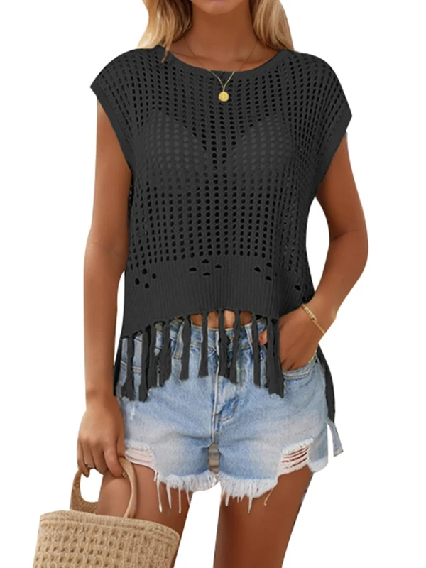 MINTLIMIT Women's Crochet Cover Up Top Summer Hollow Out Knit Beach Coverups Short Sleeve Pullover Swimsuit Tassel Top 2024