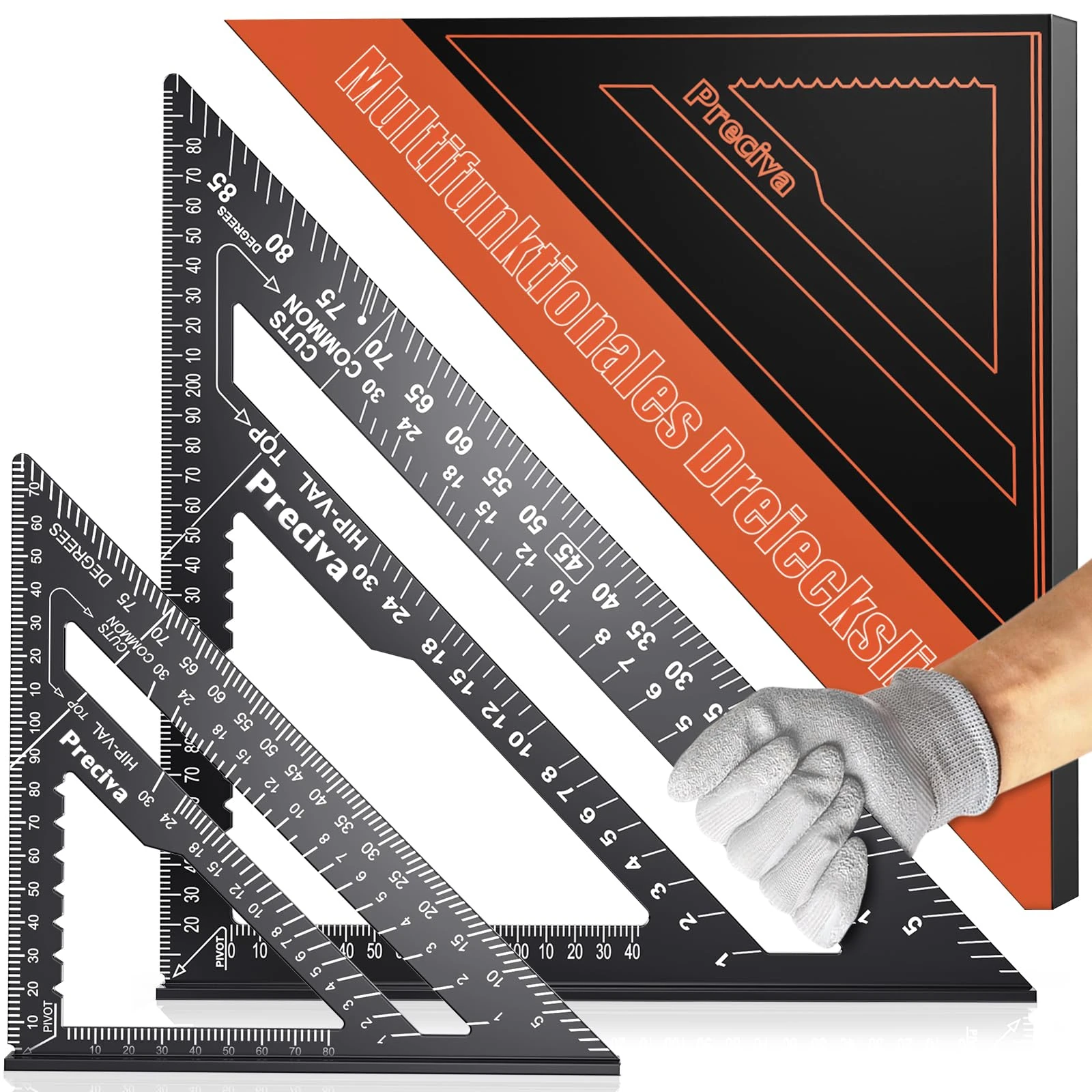 18cm+30cm Set Square, Preciva Exclusive Speed Square, Multifunctional Triangle Ruler Can Draw Straight/Vertical lines, Angles, Positioning Heights, 7+12in Aluminum Alloy Carpenter Tool
