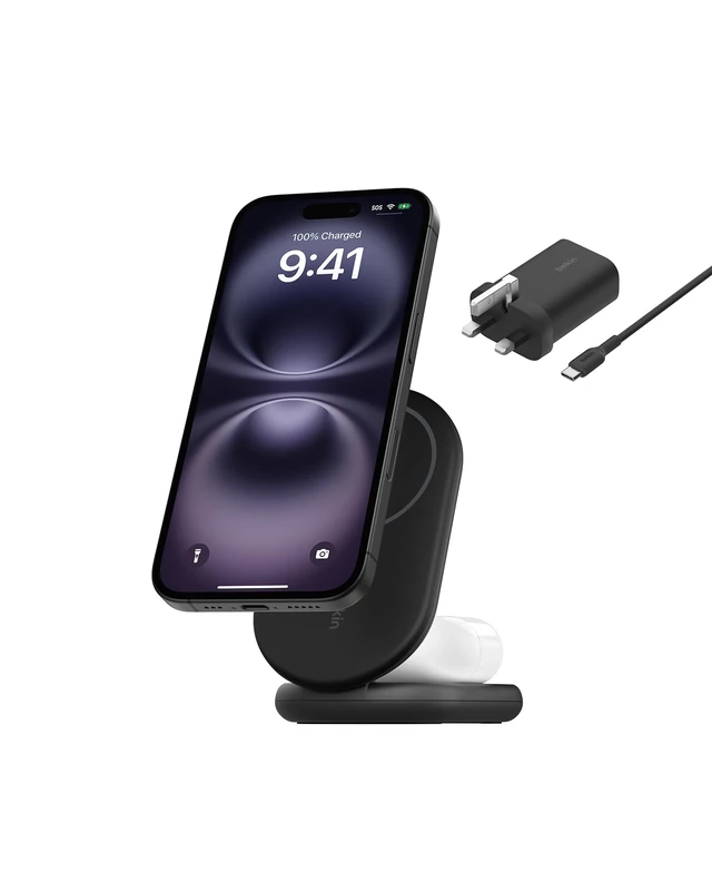 Belkin BoostCharge 2-in-1 Magnetic Foldable Qi2 Charger 15W, MagSafe Compatible Wireless Charger, Fast Charging for iPhone 17, Air, 16, 15, Charging Station with Non-Slip Base, PSU Included - Black