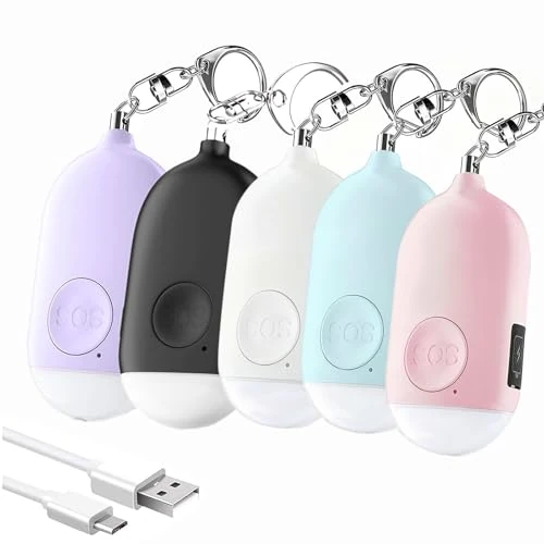 Hion Safe Personal Alarm for Women, 5 Pack Rechargeable 130dB Police Approved Rape Rope Alarm with LED Flashlight Self Defense Keychain,Panic Attack Safety Alarm for Girl Kid Elderly(5 Colors)