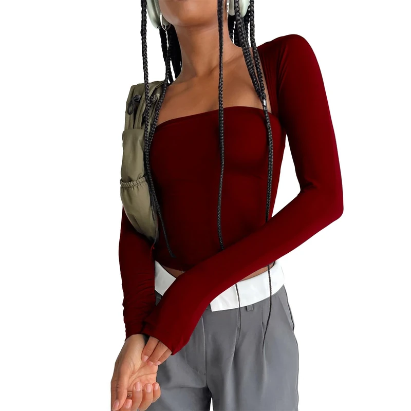 Litthing Women Long Sleeve Square Neck Tops Women Slim Fit Cotton Long Sleeve T Shirt Y2K Sexy Low Cut Crop Top Ladies Solid Color High Elasticity Tight Going Out Tops Claret - Image 1