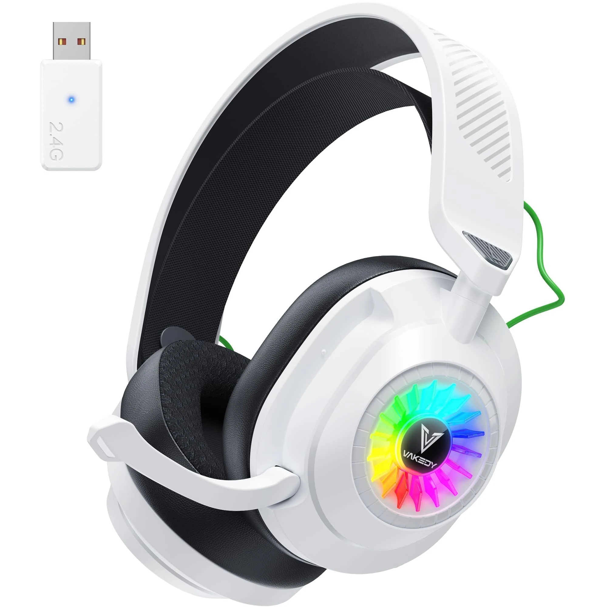 Vakedy HW10 Wireless Gaming Headset for PS5, PS4, PC, 2.4GHz Bluetooth Gaming Headphones with Noise Cancelling Microphone, 50Hr Battery Gamer Headset for Switch, Laptop, Mobile, Mac, Cool RGB (White)