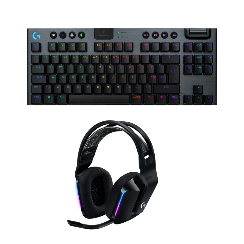 Logitech G G915 X LIGHTSPEED TKL Low-Profile Wireless Gaming Keyboard, GL Brown Tactile - PC/Mac, QWERTY UK , Logitech G733 LIGHTSPEED Wireless Gaming Headset with suspension headband, LIGHTSYNC RGB