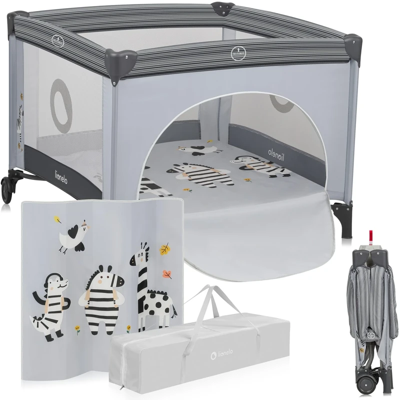 LIONELO Baby Playpen & Travel Cot Bonnie with Mattress, Portable & Foldable, Large 100 x 100 cm, Lockable Wheels, Side‑Zip Door, Padded Frame & Mesh Breathable Walls, Carry Bag, 0‑36 m / up to 15 kg