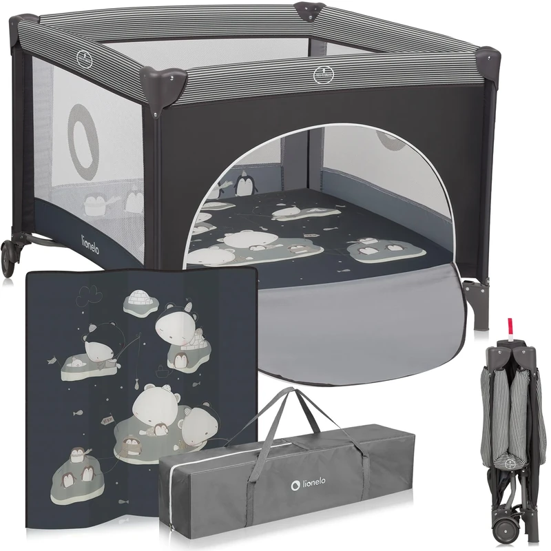 LIONELO Baby Playpen & Travel Cot Bonnie with Mattress, Portable & Foldable, Large 100 x 100 cm, Lockable Wheels, Side‑Zip Door, Padded Frame & Mesh Breathable Walls, Carry Bag, 0‑36 m / up to 15 kg