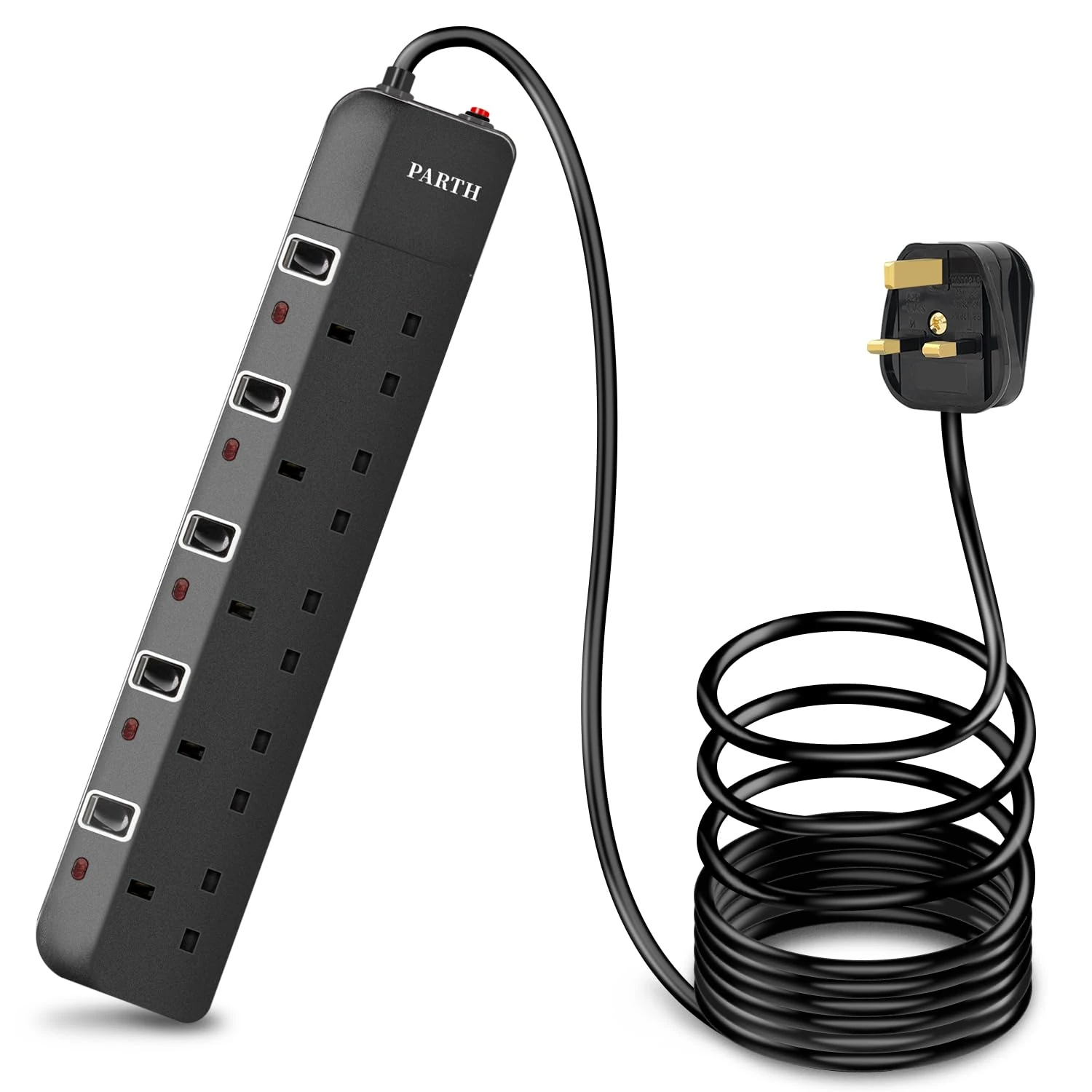 PARTH 10m Surge Protected Extension Lead 5 Way, Extension Cable 5 Gang UK Plug Extension Socket, Black Extension Lead with Switches, 10 Metre Extra Long Wall Mounted Extension Cord (13A/3250w)
