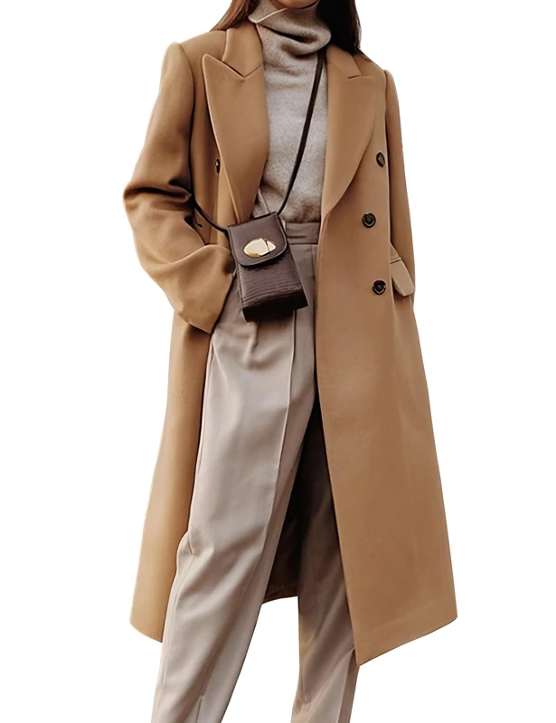 IDEALSANXUN Womens Long Wool Coats Fall Winter Double Breasted Trench Coat Peacoat, Camel, Small