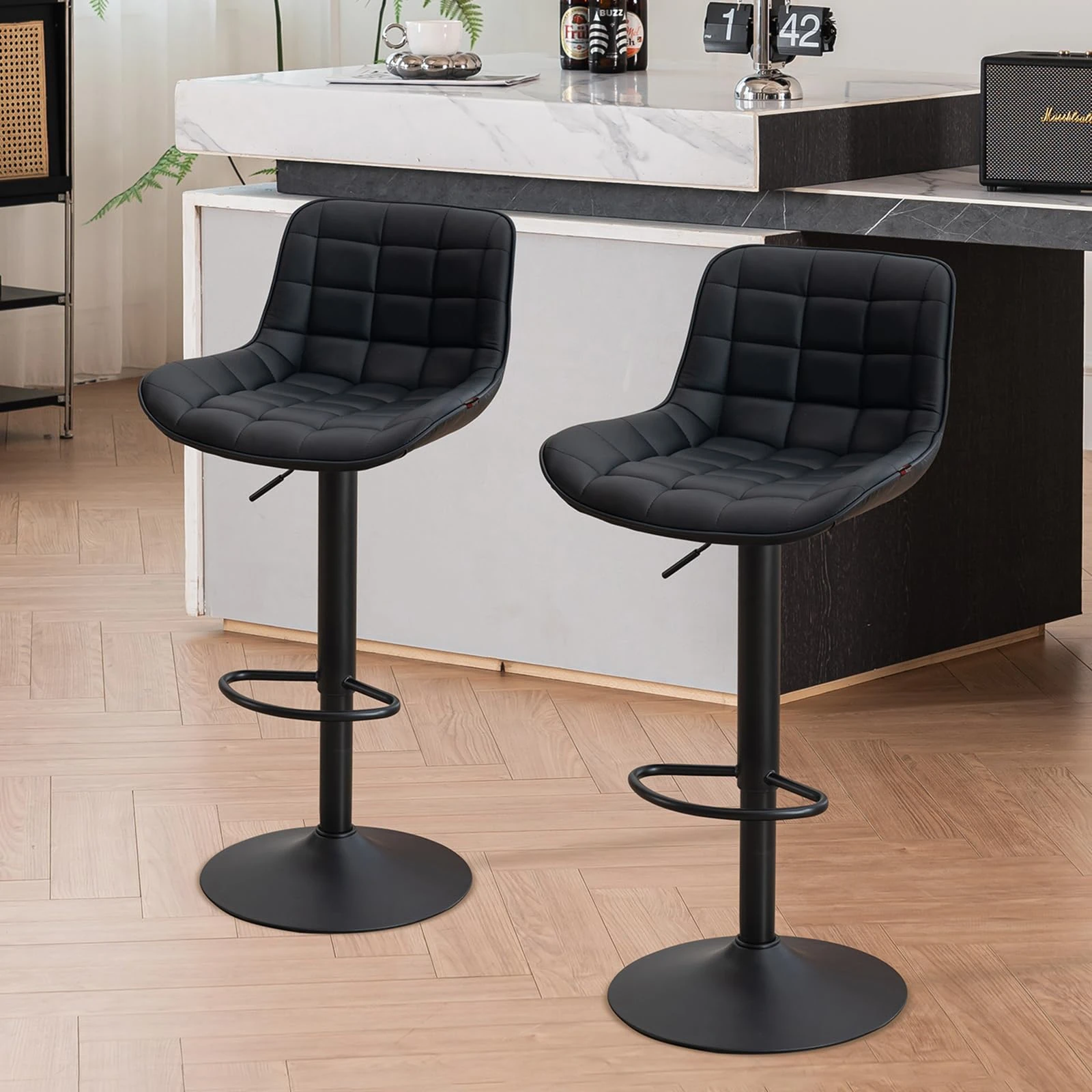 YOUTASTE Modern Bar Stools Set of 2, PU Leather Height Adjustable Swivel Chair with Backrest & Footrest, Height Counter Stools for Breakfast Bar, Kitchen, Black