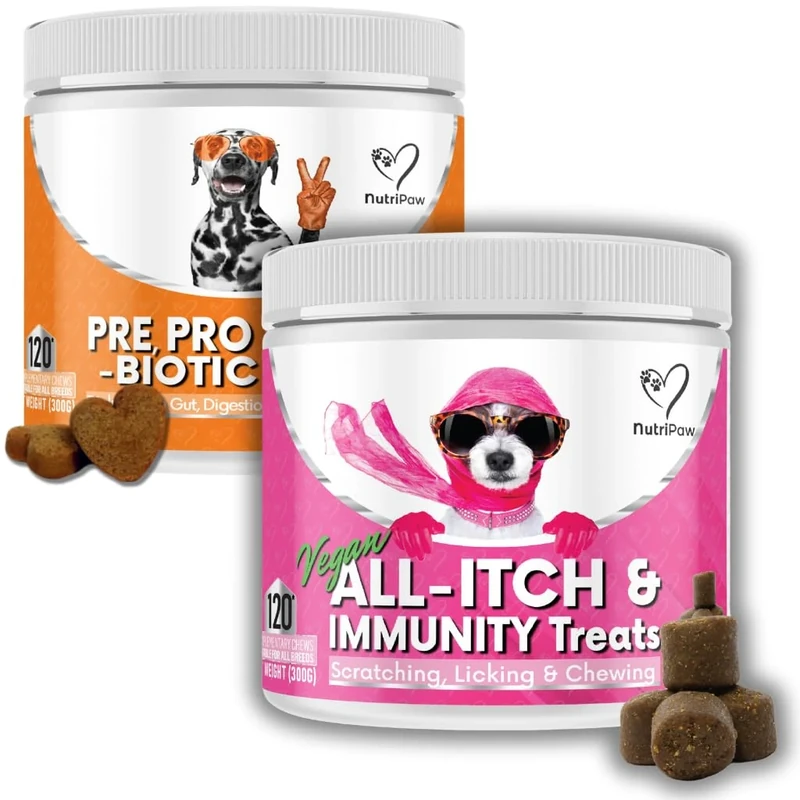 NutriPaw Vegan Itch & Probiotics Bundle - Soft Chews To Soothe Itchy Paws, Eyes, Ears, Skin - Probiotics for Bum Scooting, Gunky Ears, Gut Health & Anal Glands - Great for all dogs