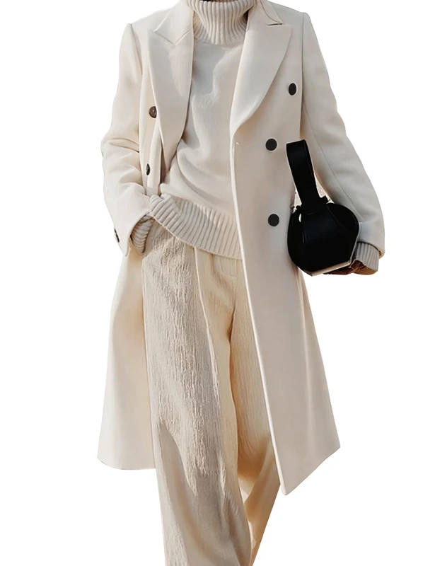 IDEALSANXUN Womens Long Wool Coats Fall Winter Double Breasted Trench Coat Peacoat, White, Small