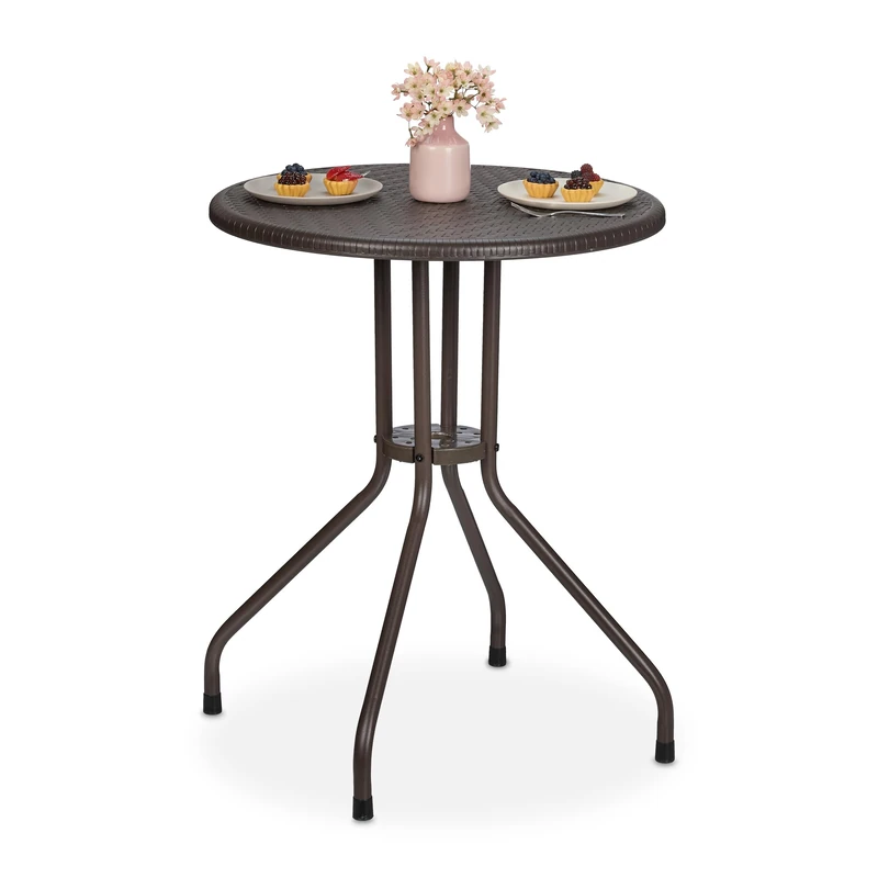 Relaxdays Garden Table, HWD: 73 x 60 x 60 cm, Rattan Look, Plastic & Steel, Outdoor Dining, Round, for Balcony, Brown