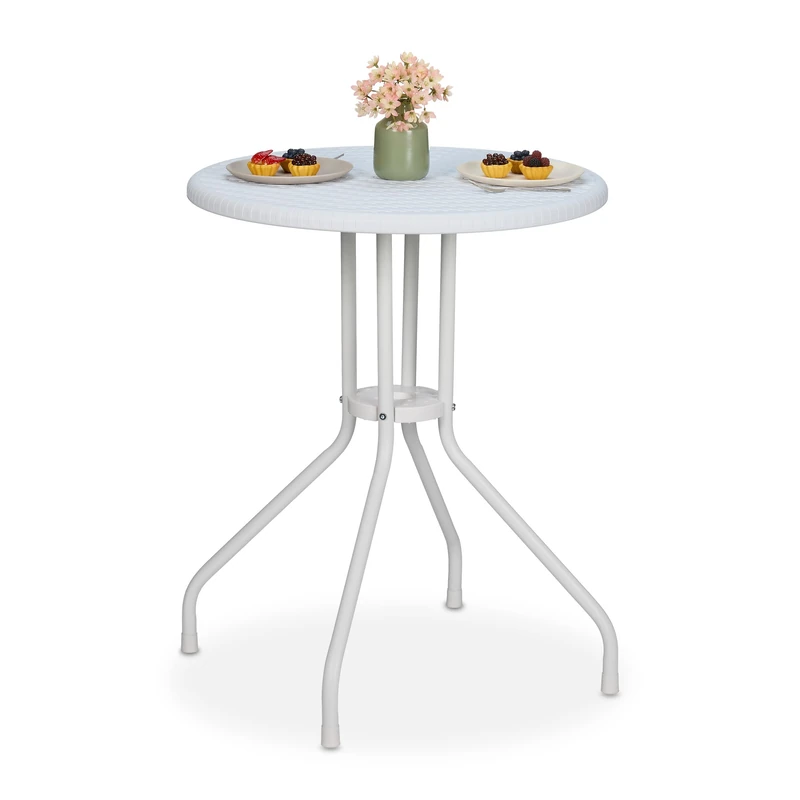 Relaxdays Garden Table, HWD: 73 x 60 x 60 cm, Rattan Look, Plastic & Steel, Outdoor Dining, Round, for Balcony, White