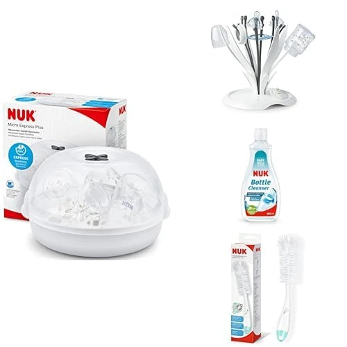 Bundle of NUK Micro Express Plus Microwave Bottle Steriliser + NUK Multi Purpose Baby Bottle Drying Rack+ NUK Baby Bottle Cleanser 500 ml + NUK 2 in 1 Flexible Bottle Brush | Baby Bottle & Teat Brush