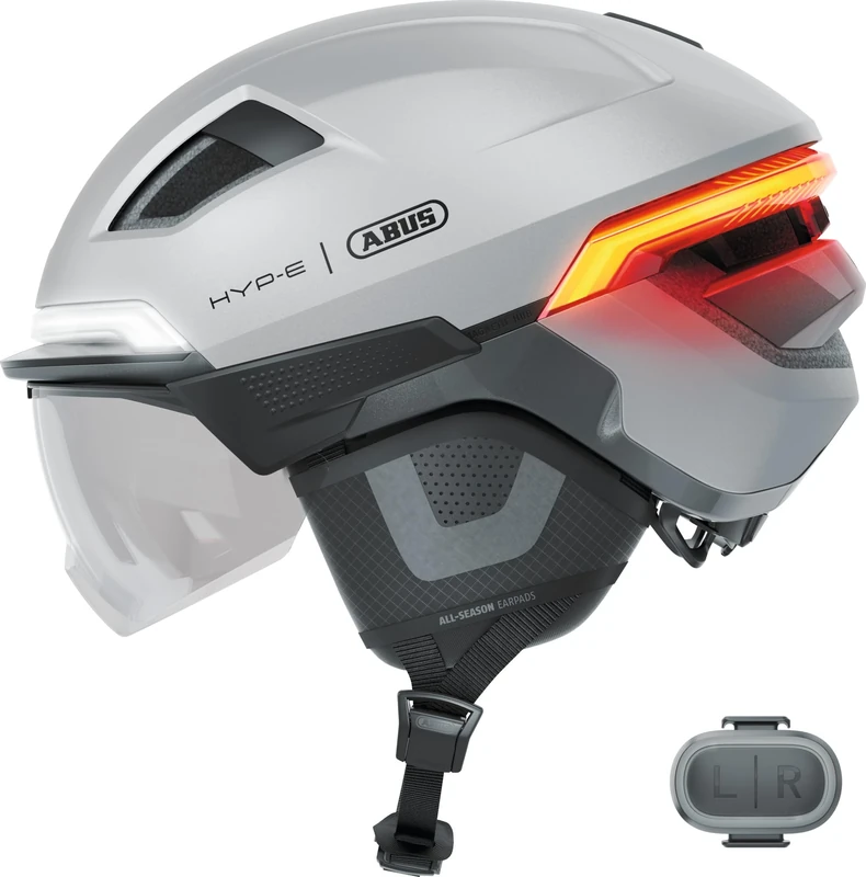 ABUS HYP-E ACE Bike Helmet - with Front Light, Rear Light and Indicator Light - with Visor and Earmuffs - also Suitable for e-Bikes and S-Pedelecs - for Men and Women - Size L, Silver