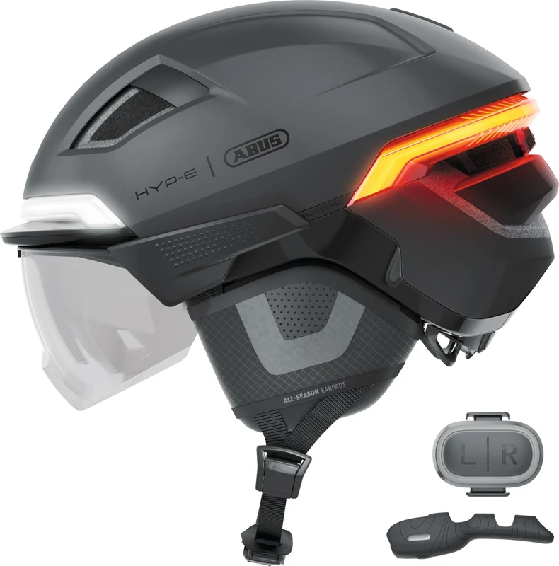 ABUS HYP-E B.LACE Bike Helmet - with Front, Rear and Indicator Light as well as Wireless Brake Light Activation - with Visor and Earmuffs - for Bike, e-Bike and S-Pedelec - Size L, Grey