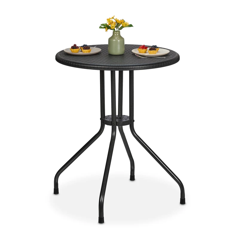 Relaxdays Garden Table, HWD: 73 x 60 x 60 cm, Rattan Look, Plastic & Steel, Outdoor Dining, Round, for Balcony, Black