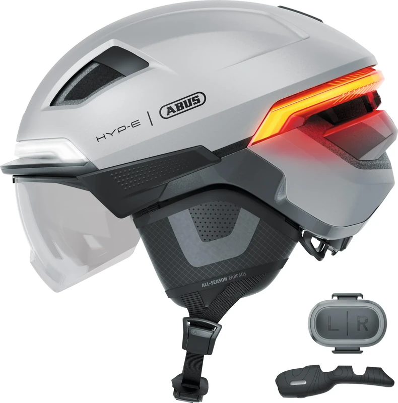 ABUS HYP-E B.LACE Bike Helmet - with Front, Rear and Indicator Light as well as Wireless Brake Light Activation - with Visor and Earmuffs - for Bike, e-Bike and S-Pedelec - Size L, Silver