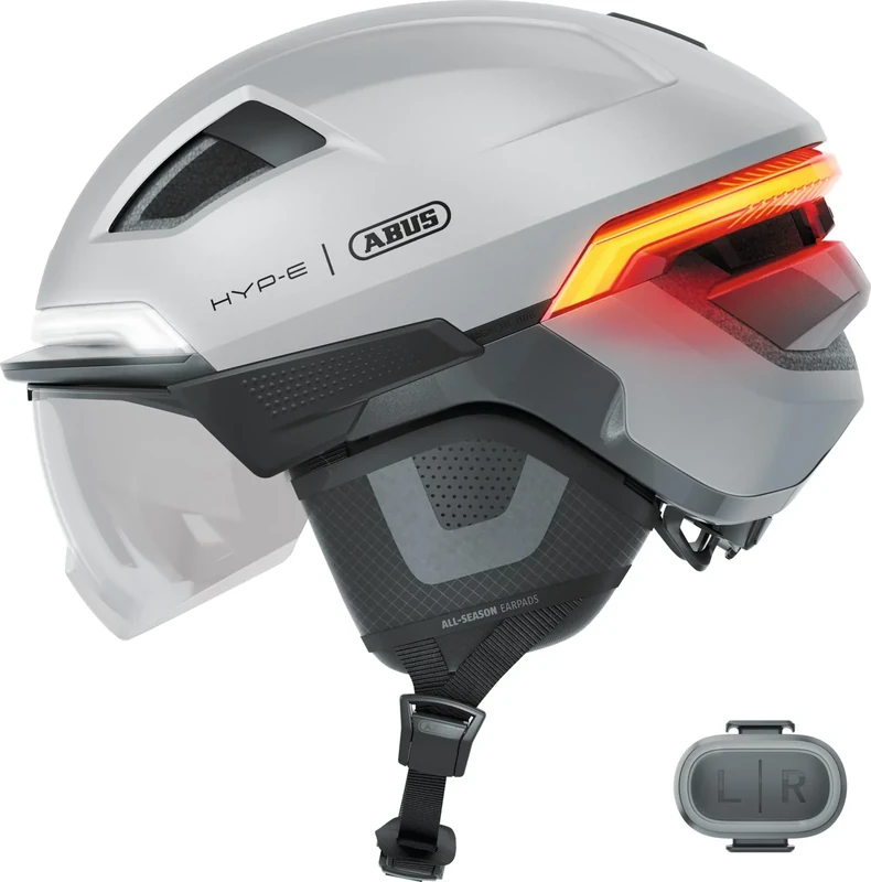 ABUS HYP-E ACE Bike Helmet - with Front Light, Rear Light and Indicator Light - with Visor and Earmuffs - also Suitable for e-Bikes and S-Pedelecs - for Men and Women - Size M, Silver