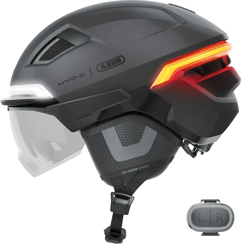ABUS HYP-E ACE Bike Helmet - with Front Light, Rear Light and Indicator Light - with Visor and Earmuffs - also Suitable for e-Bikes and S-Pedelecs - for Men and Women - Size S, Grey