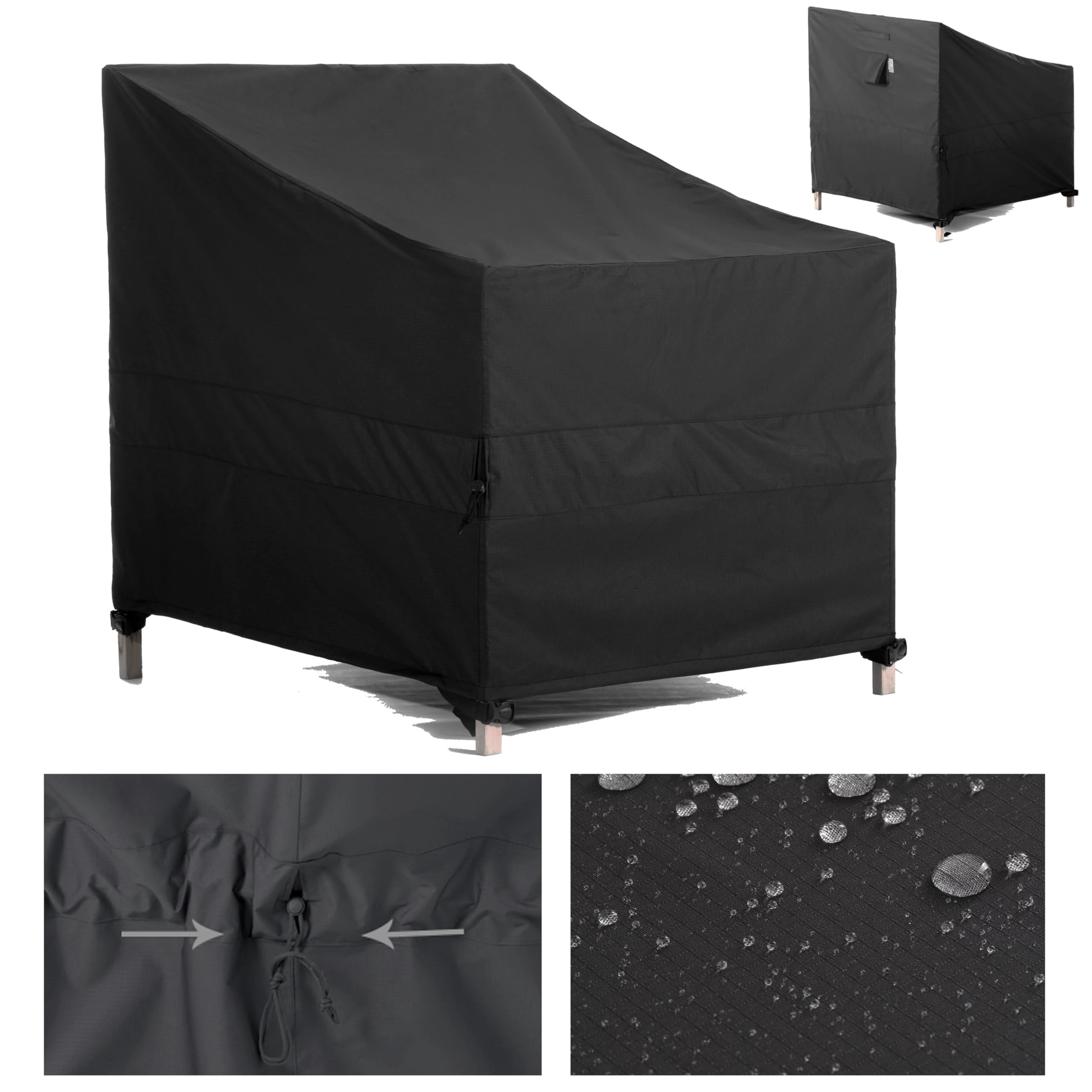 F&J Outdoors Garden Chair Covers Lounge Chair Deep Seat Chair Cover Waterproof UV Resistant Heavy Duty Durable Waist Drawstring Tight Windproof Outdoor Furniture Covers, Black, 102x102x66/91cm