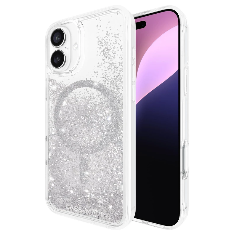 Case-Mate iPhone 16 Plus Case [Compatible with MagSafe] - Sparkly Liquid Glitter Phone Case with 12ft Drop Protection - Premium Magnetic Cover for iPhone 16 Plus - Silver Waterfall