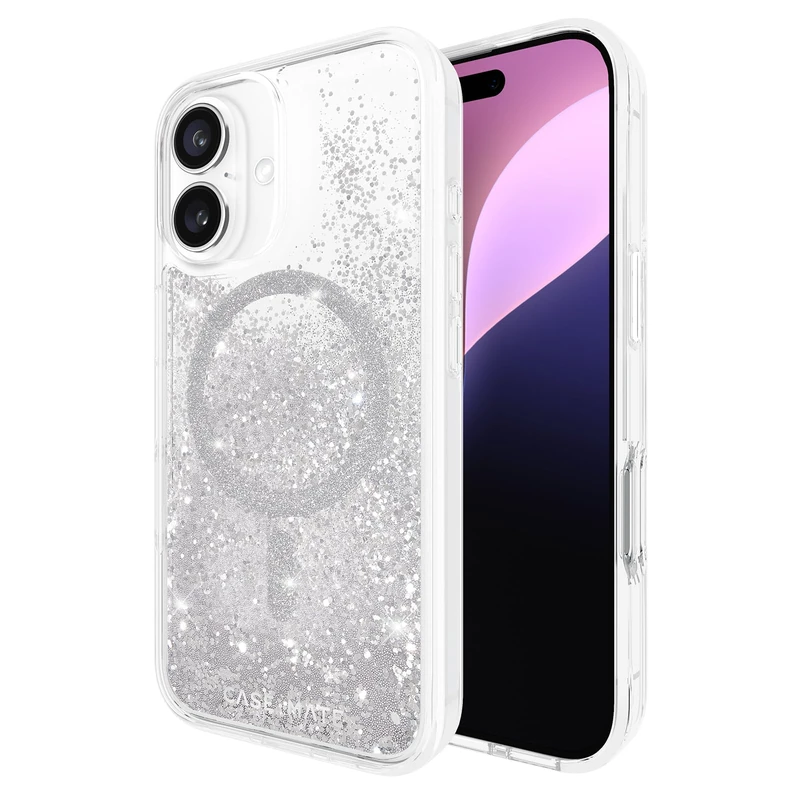 Case-Mate iPhone 16 Case [Compatible with MagSafe] - Sparkly Liquid Glitter Phone Case with 12ft Drop Protection - Premium Magnetic Cover for iPhone 16 - Silver Waterfall