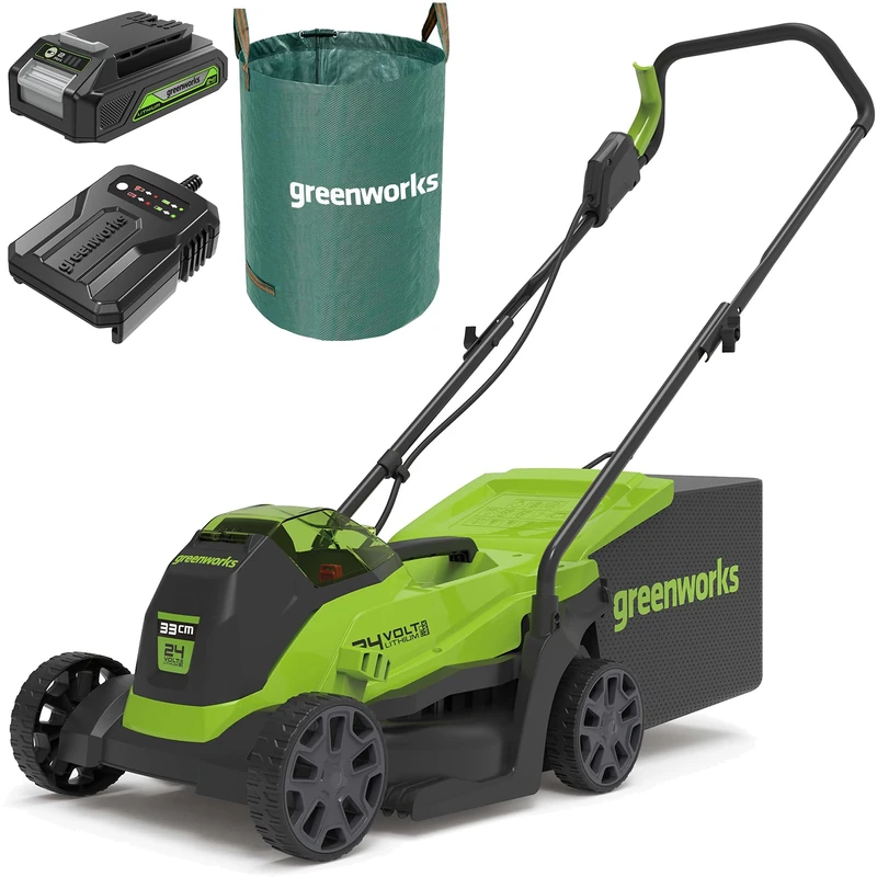 Greenworks 24V Cordless Lawnmower with Brushless Motor for Smaller Lawns up to 140m², 33cm Cutting Width, with 2Ah Battery & Charger,-GD24LM33K2 + Greenworks 120 L garden waste bag Green, AMP-120CB