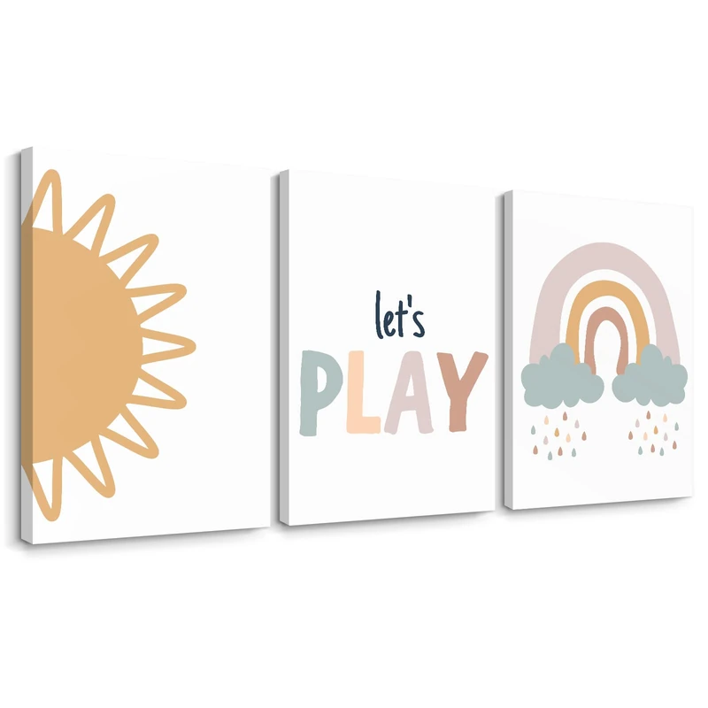 Playroom Nursery Wall Art Decor Boho Baby Girl Canvas Rainbow Wall Art Kids Room Prints Nursery Pictures Play Sign Kids Artwork Posters Baby Girl Painting for Bedroom 16x24 Inch Framed Set of 3