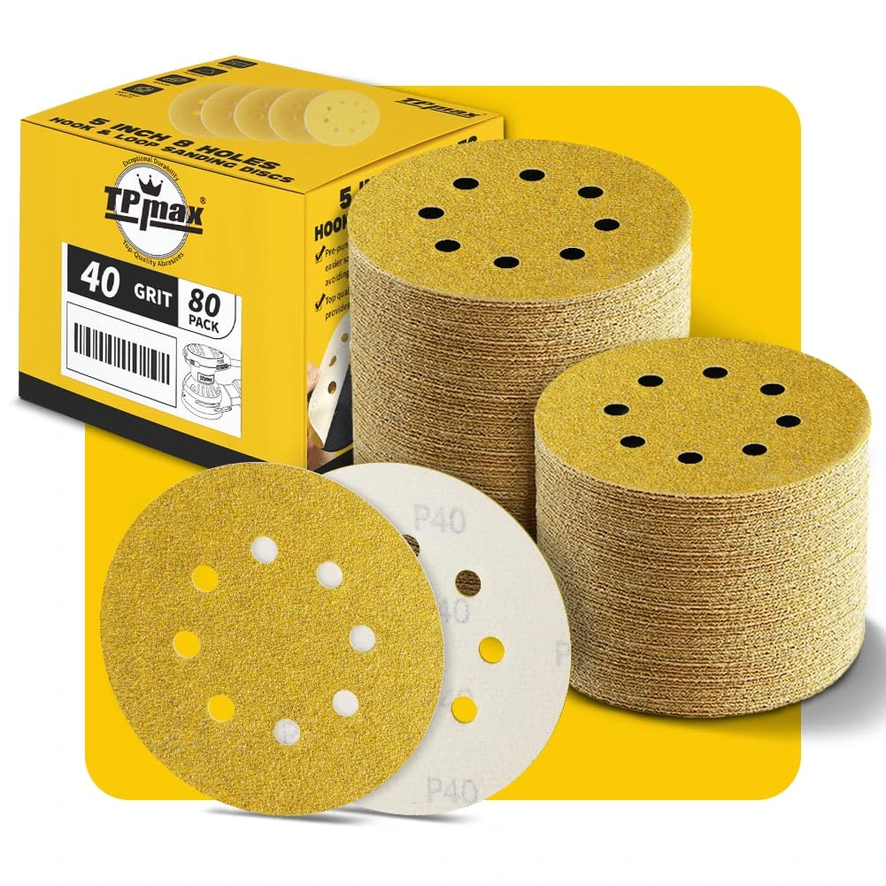 80PCS 125mm 8 Hole Sanding Discs Sandpaper, 40 Grit, Premium Gold Round Hook and Loop for Random Orbital Sander - Ideal for Wood, Metal, Automotive